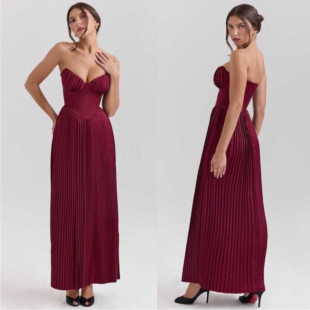 House of CB‎ M A-C 'Marcella' Berry pleated georgette maxi dress NWOT - Picture 3 of 15
